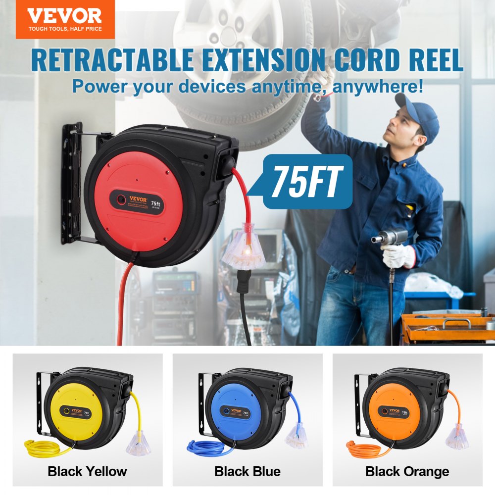 Retractable Extension Cord Reel Power Cord Reel 75FT 14AWG/3C SJTOW