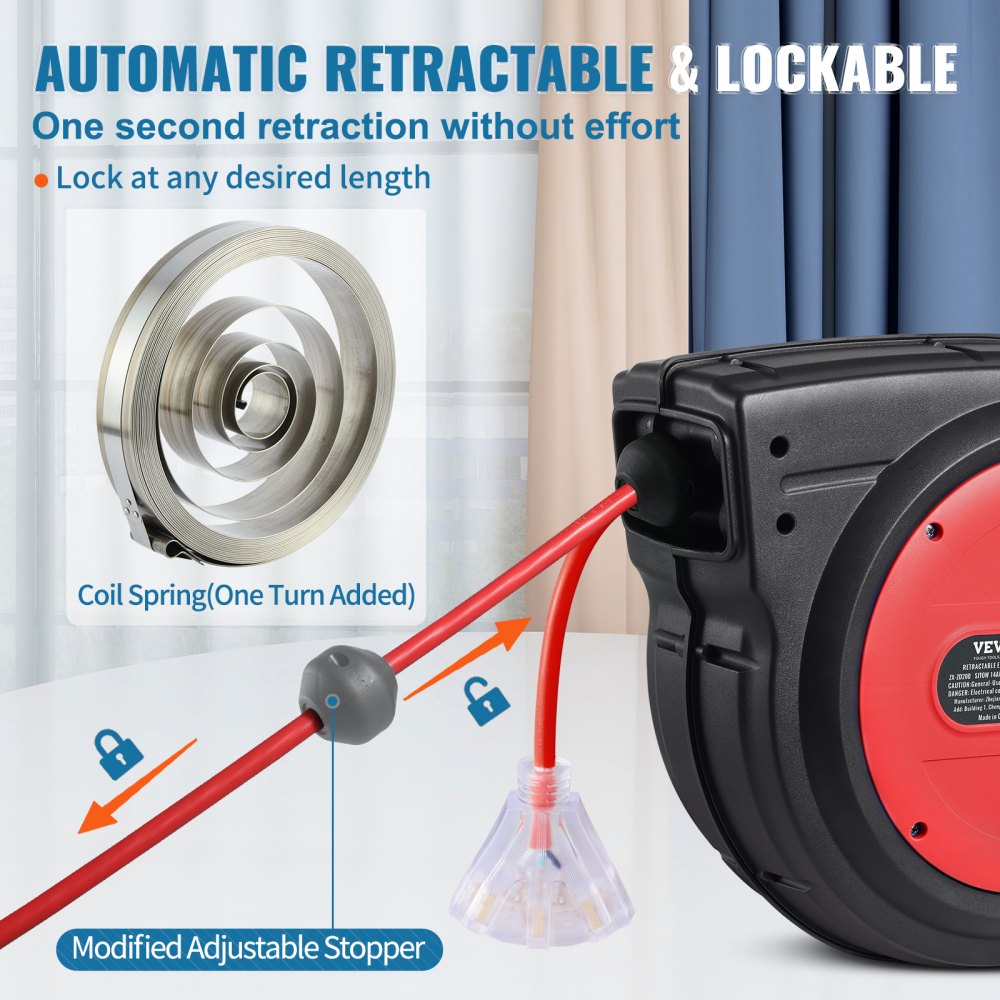 Retractable Extension Cord Reel Power Cord Reel 75FT 14AWG/3C SJTOW