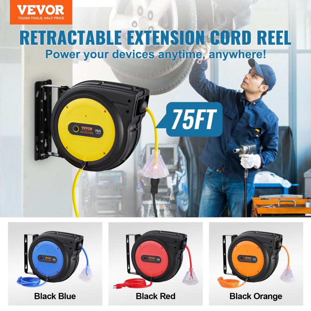 Retractable Extension Cord Reel Power Cord Reel 75FT 14AWG/3C SJTOW