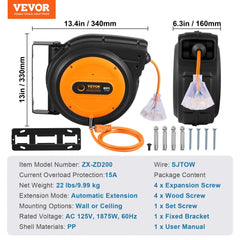Retractable Extension Cord Reel Power Cord Reel 80FT 12AWG/3C SJTOW
