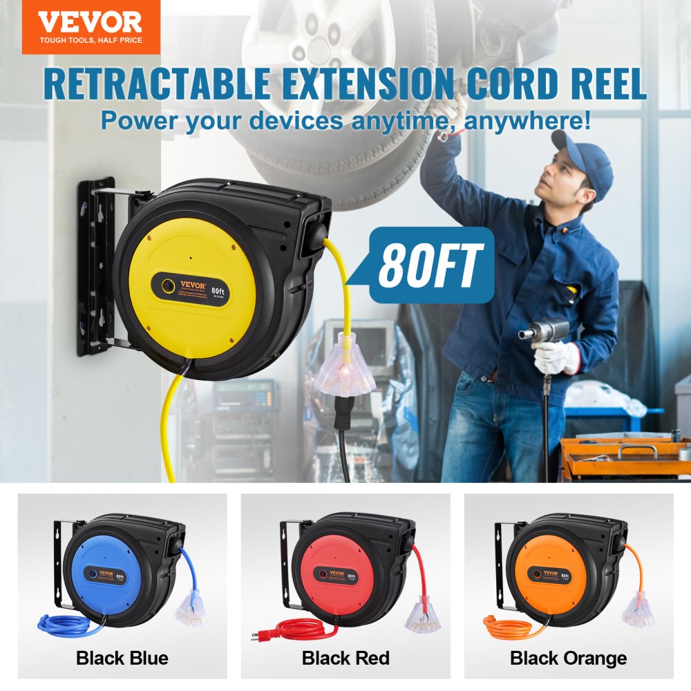 Retractable Extension Cord Reel Power Cord Reel 80FT 12AWG/3C SJTOW