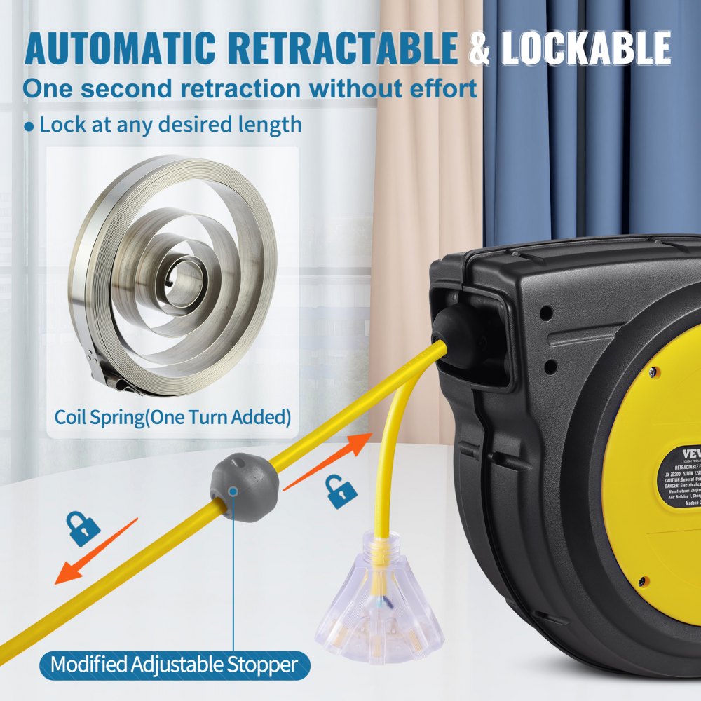 Retractable Extension Cord Reel Power Cord Reel 80FT 12AWG/3C SJTOW