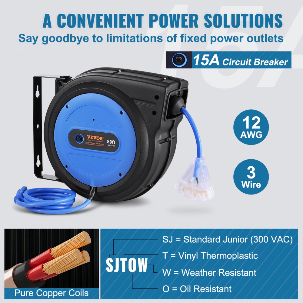 Retractable Extension Cord Reel Power Cord Reel 80FT 12AWG/3C SJTOW