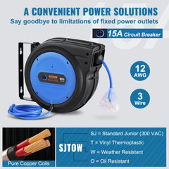 Retractable Extension Cord Reel Power Cord Reel 80FT 12AWG/3C SJTOW