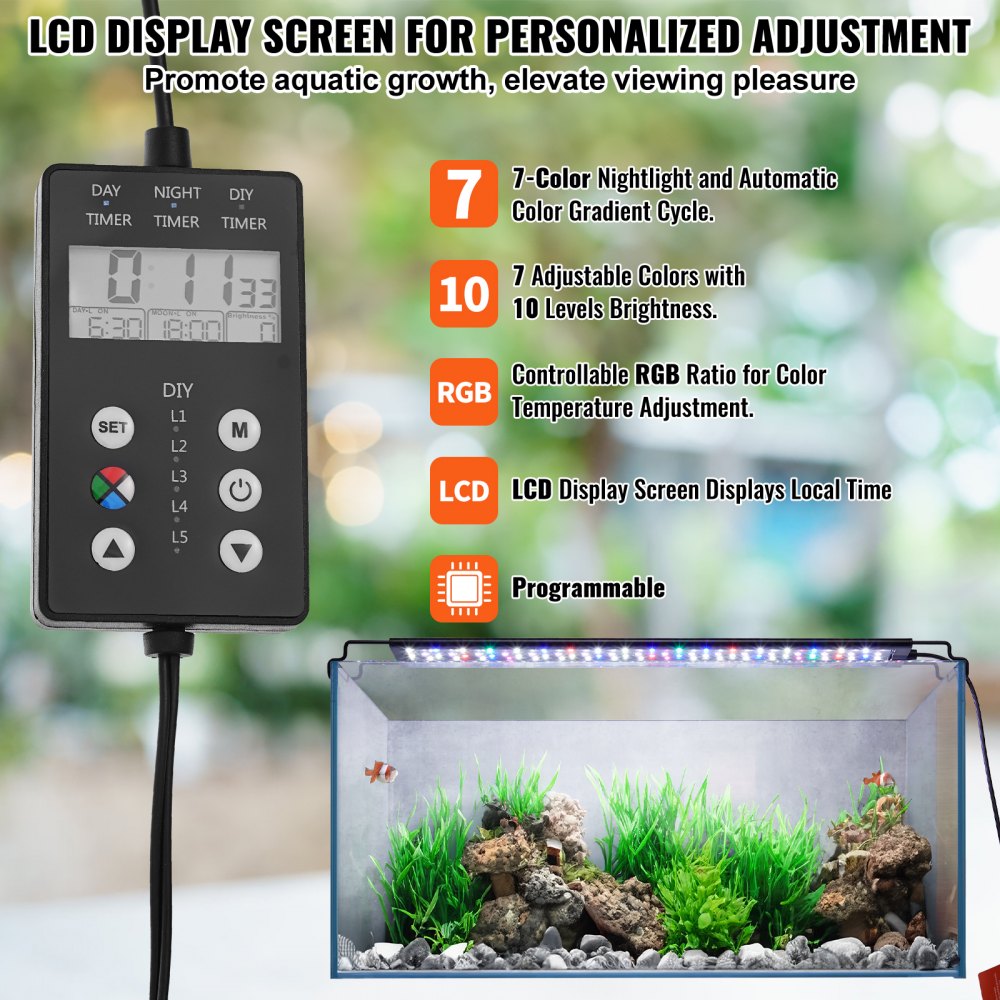 Aquarium Light with LCD Monitor, 18W Full Spectrum Fish Tank Light with 24/7 Natural Mode, Adjustable Brightness & Timer - Aluminum Alloy Shell Extendable Brackets for 18"-24" Freshwater Tank