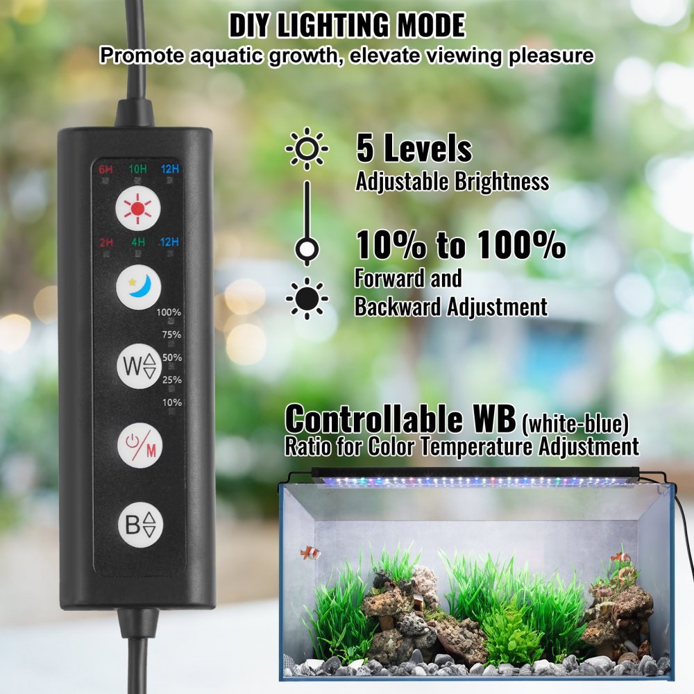 Aquarium Light, 14W Full Spectrum Fish Tank Light with 5 Levels Adjustable Brightness, Adjustable Timer and Power-Off Memory, with ABS Shell Extendable Brackets for 18"-24" Freshwater Fish Tank