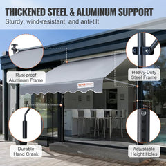 Manual Retractable Awning, 118" Outdoor Retractable Patio Awning Sunshade Shelter, Adjustable Patio Door Window Awning Canopy with 39" Sun Shade Curtain for Backyard, Garden, Balcony