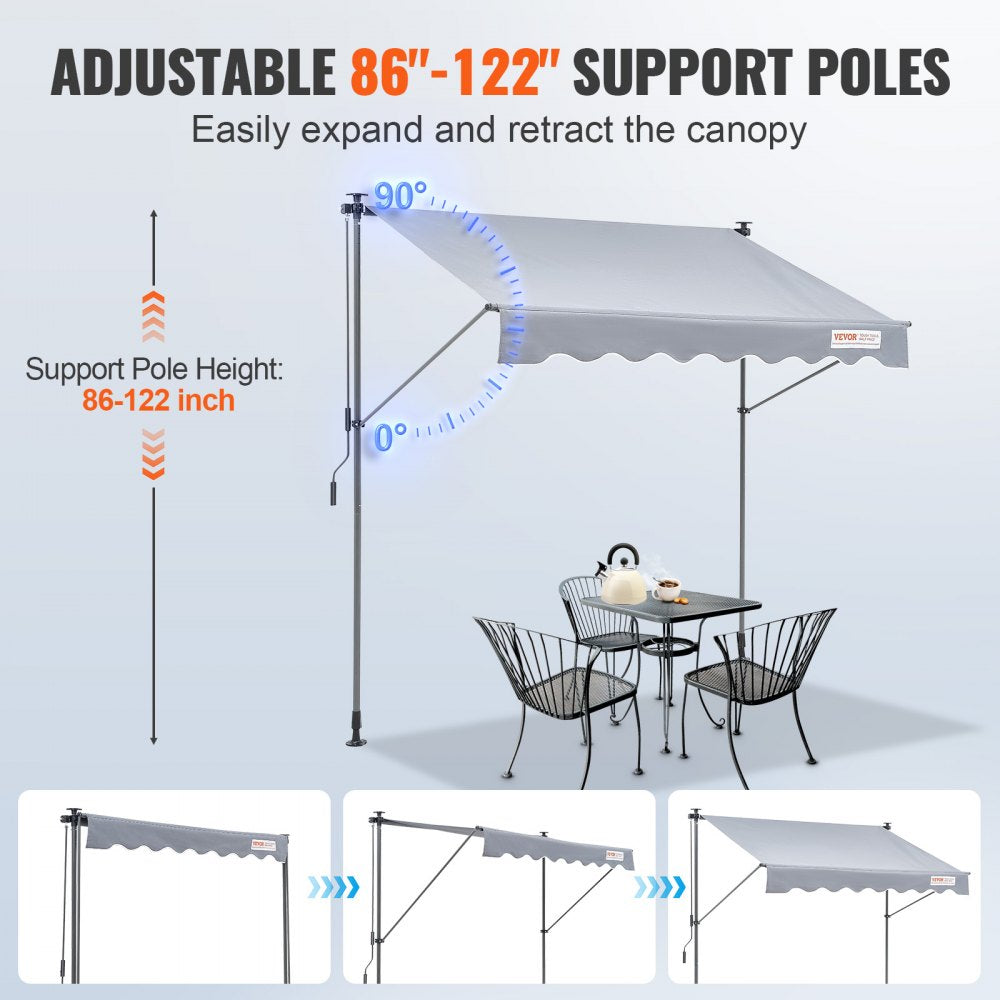 Manual Retractable Awning, 118" Outdoor Retractable Patio Awning Sunshade Shelter, Adjustable Patio Door Window Awning Canopy with 39" Sun Shade Curtain for Backyard, Garden, Balcony