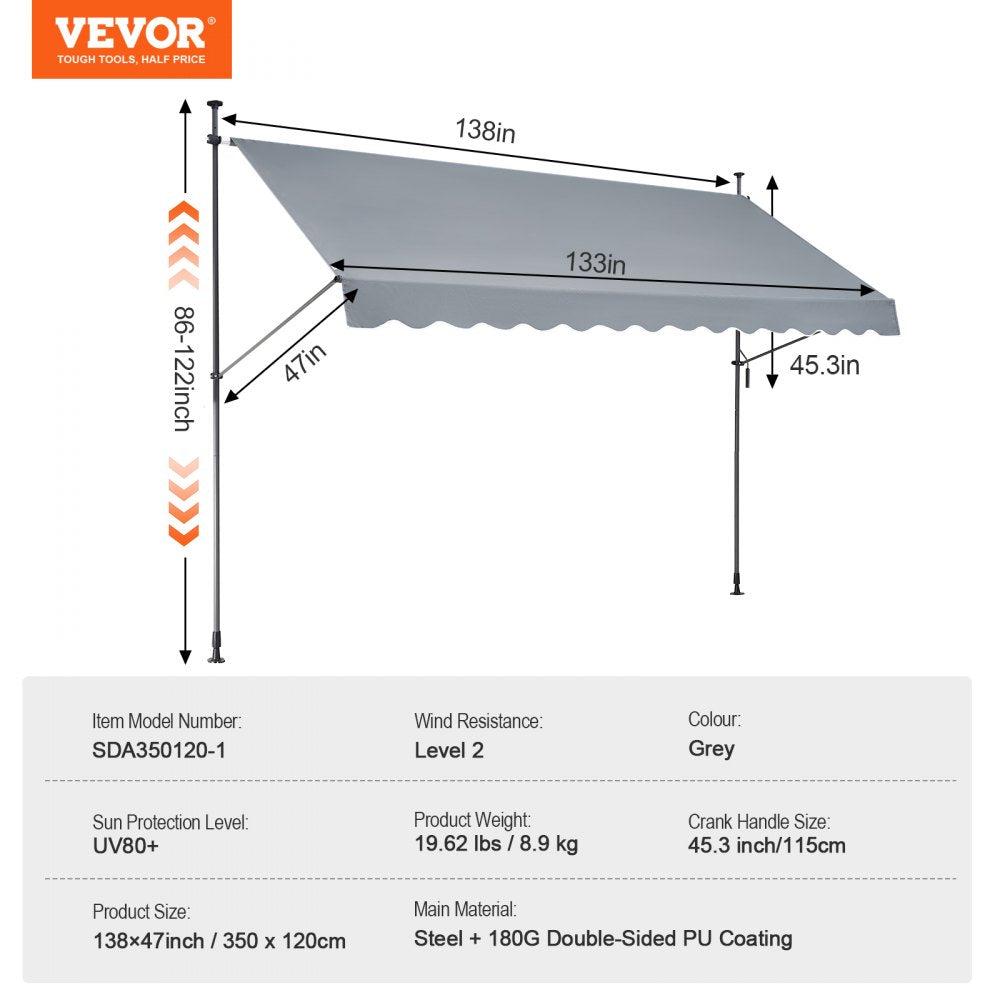 138x47" Patio Awning Retractable Awning Sunshade Shelter with Crank Handle