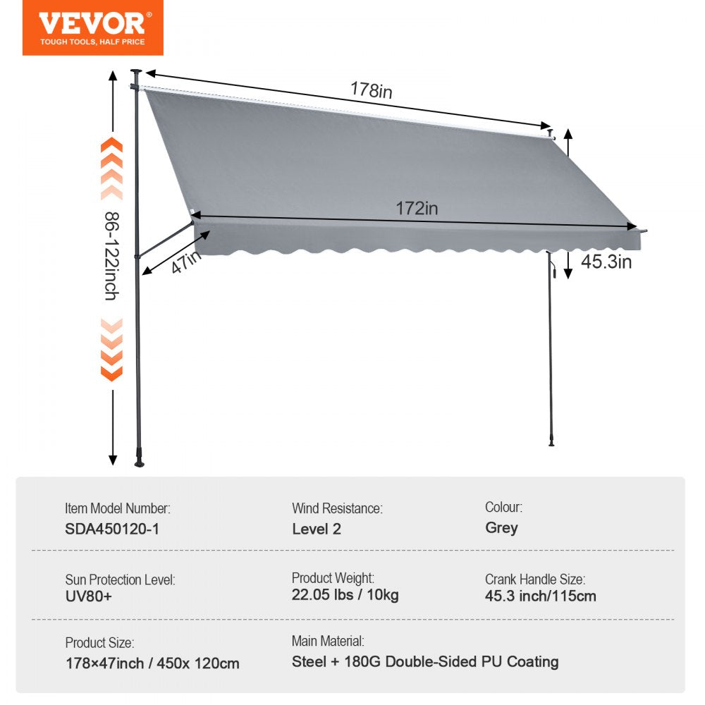 178x47" Patio Awning Retractable Awning Sunshade Shelter with Crank Handle