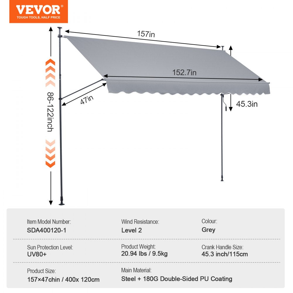 157x47" Patio Awning Retractable Awning Sunshade Shelter with Crank Handle