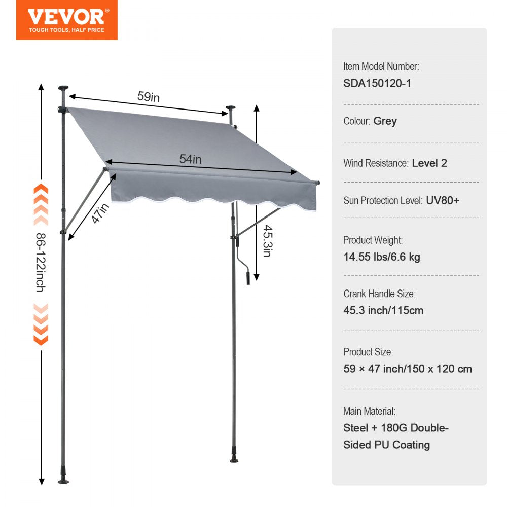59x47" Patio Awning Retractable Awning Sunshade Shelter with Crank Handle