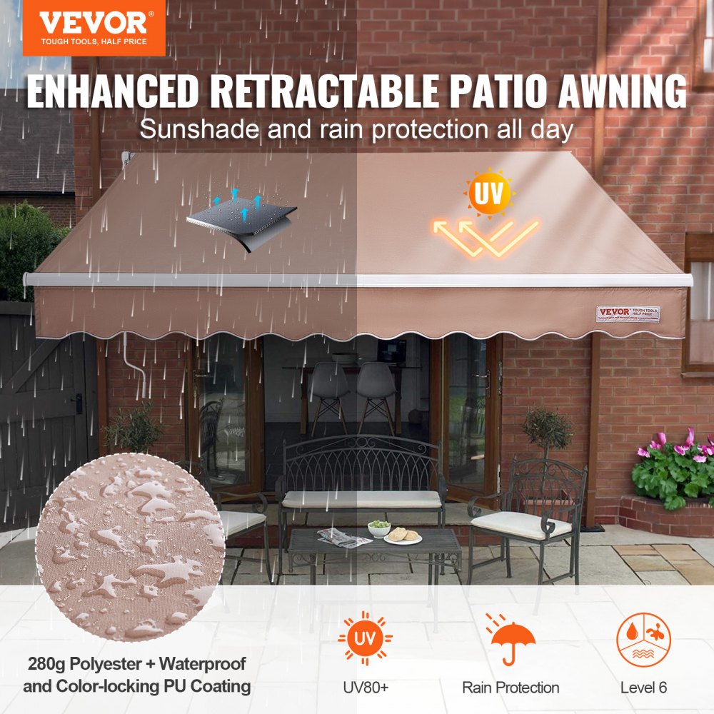 Manual Retractable Awning, 12 x 10 ft Outdoor Patio Awning Retractable Sun Shade, Water-Resistant Polyester Patio Door Window Awning Sunshade Shelter with Crank Handle for Backyard, Balcony