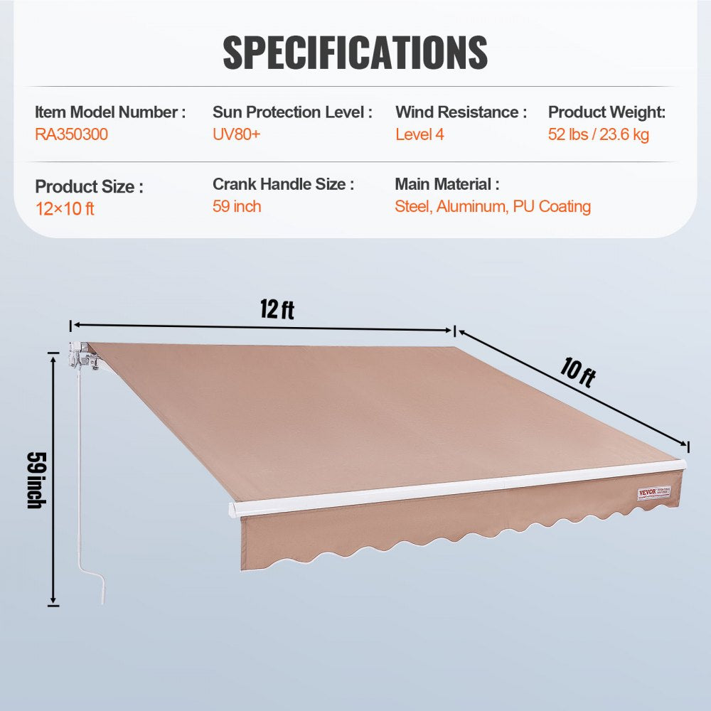 Manual Retractable Awning, 12 x 10 ft Outdoor Patio Awning Retractable Sun Shade, Water-Resistant Polyester Patio Door Window Awning Sunshade Shelter with Crank Handle for Backyard, Balcony
