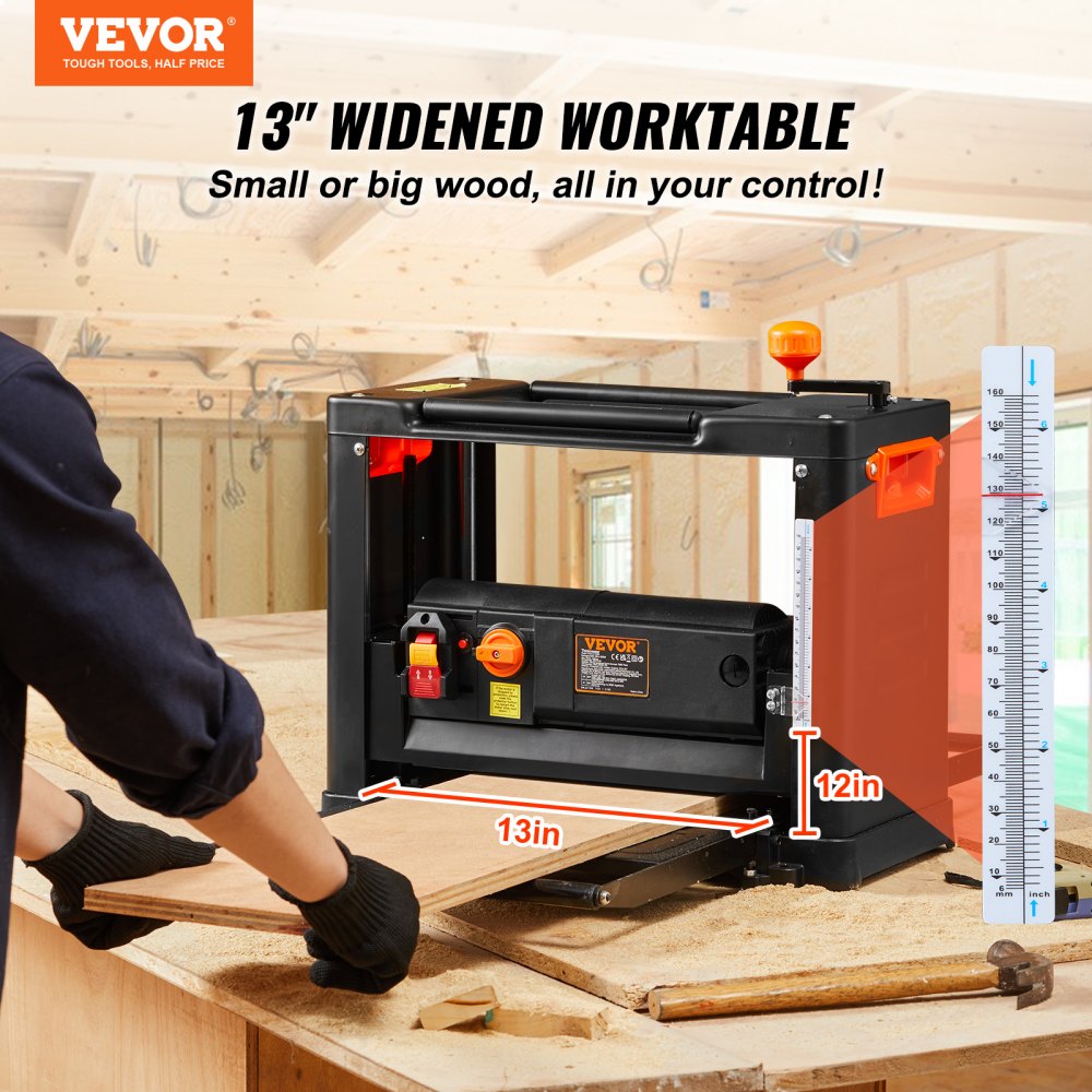 Bostome 13-inch thickness planer with three blades and dual-speed motor for woodworking.