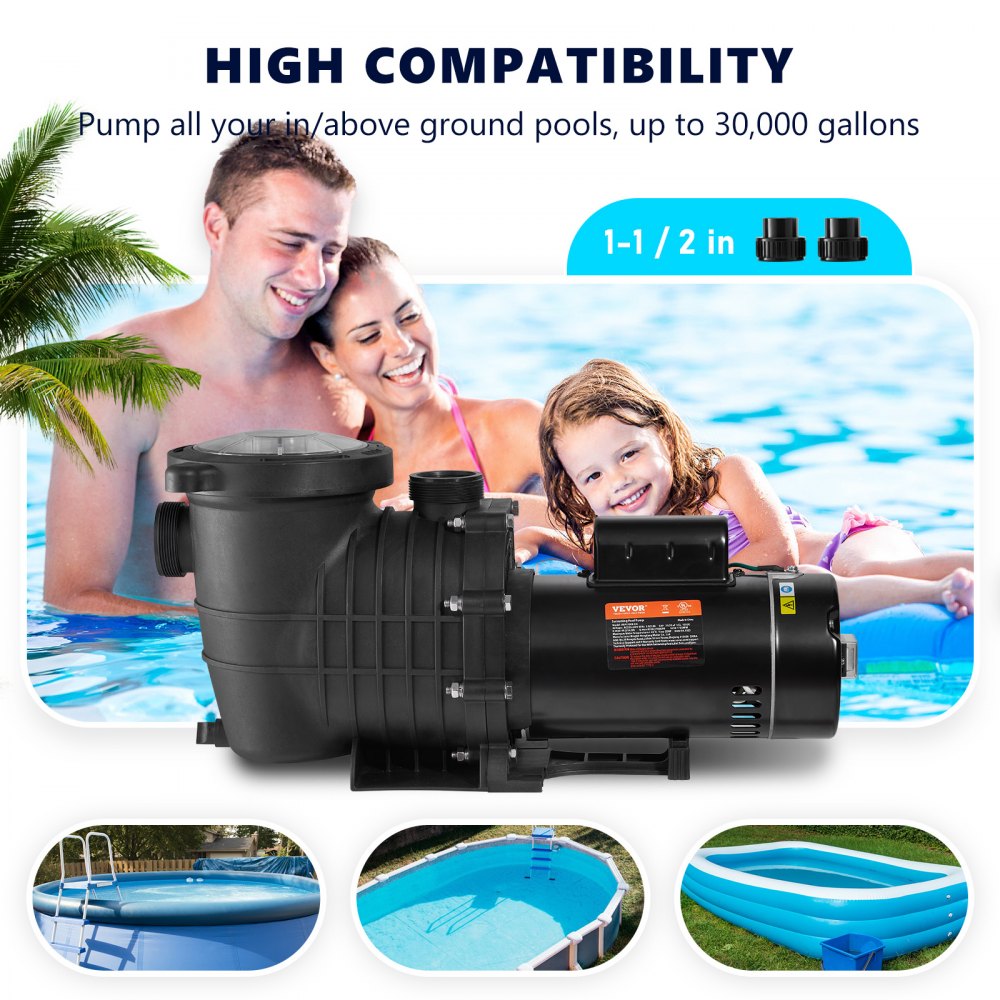 Pool Pump 1.5HP 230V, Variable Dual Speed Pumps 1100W for Above Ground Pool, Strainer Filter Basket, 5400 GPH Max. Flow, Energy Saving Swimming Pool Pump