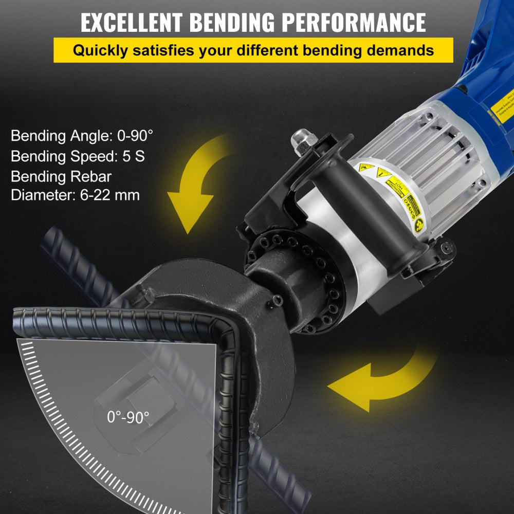 Portable hydraulic electric rebar bender with ergonomic design and 1200W motor.