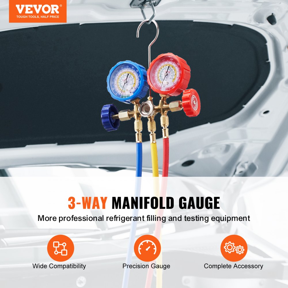 AC Gauge Set - 3 Way AC Manifold Gauge Set for R134A R22 R12 R502 Refrigerant, Freon Gauges with 5ft Hoses, Couplers, Can Tap Works on Car Auto Freon Charging and Evacuation