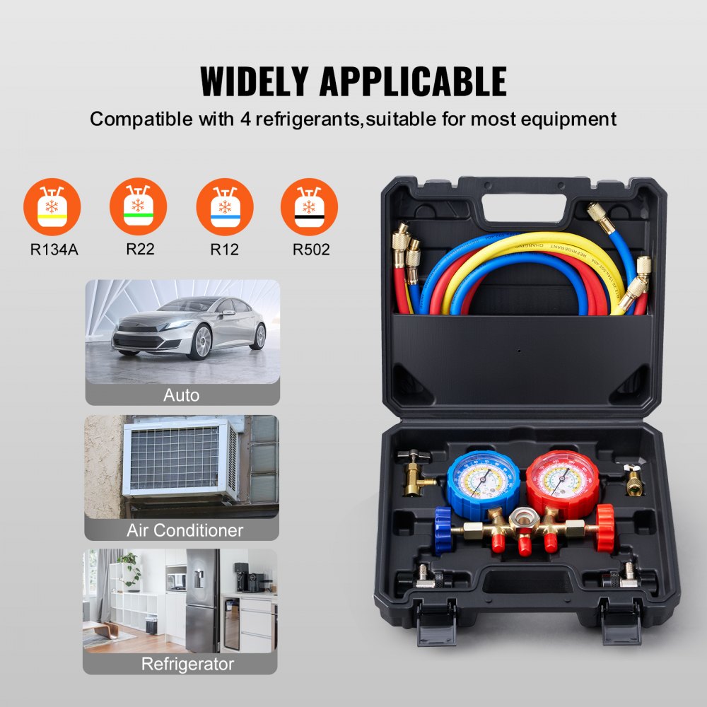 AC Gauge Set - 3 Way AC Manifold Gauge Set for R134A R22 R12 R502 Refrigerant, Freon Gauges with 5ft Hoses, Couplers, Can Tap Works on Car Auto Freon Charging and Evacuation