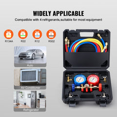 AC Gauge Set - 3 Way AC Manifold Gauge Set for R134A R22 R12 R502 Refrigerant, Freon Gauges with 5ft Hoses, Couplers, Can Tap Works on Car Auto Freon Charging and Evacuation