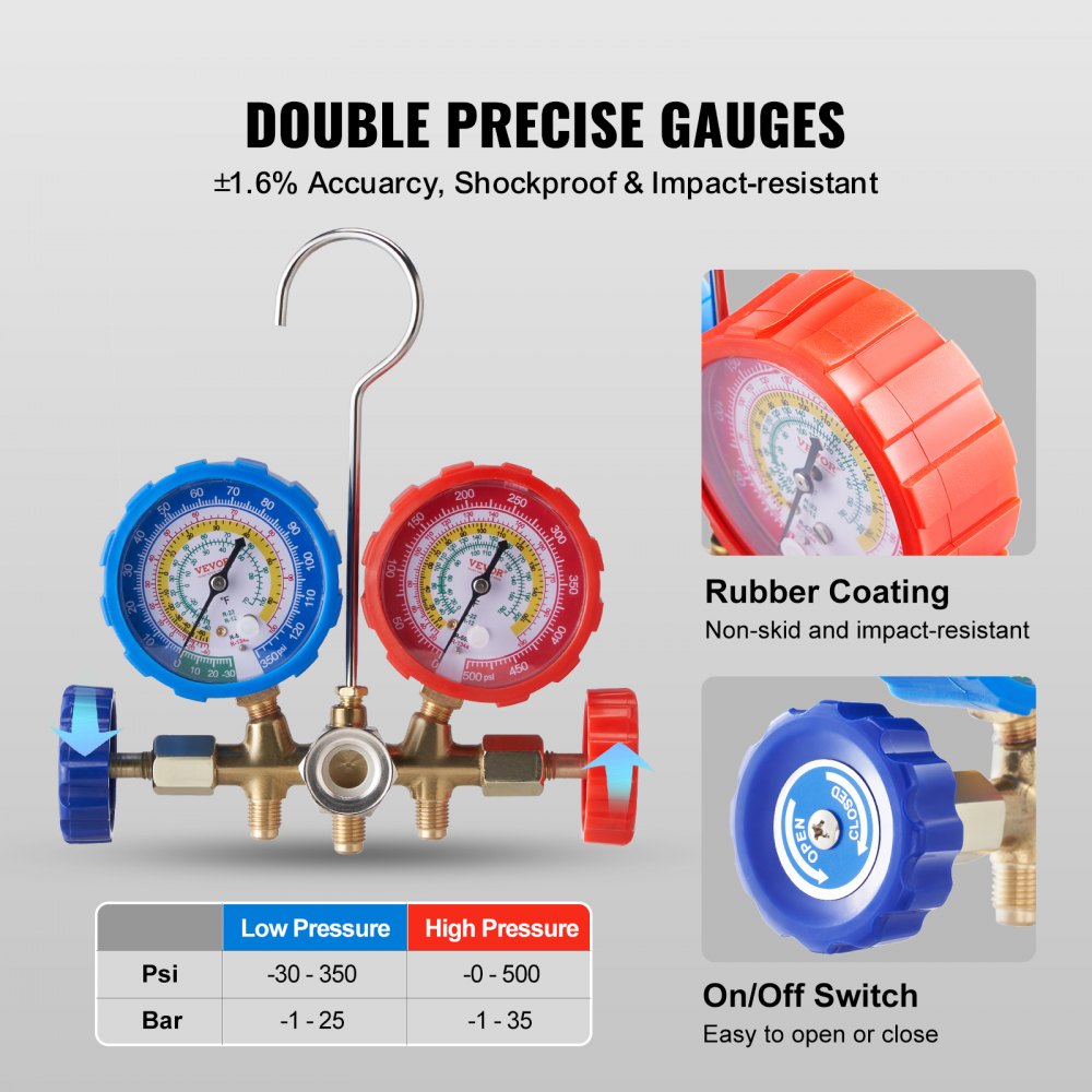 AC Gauge Set - 3 Way AC Manifold Gauge Set for R134A R22 R12 R502 Refrigerant, Freon Gauges with 5ft Hoses, Couplers, Can Tap Works on Car Auto Freon Charging and Evacuation