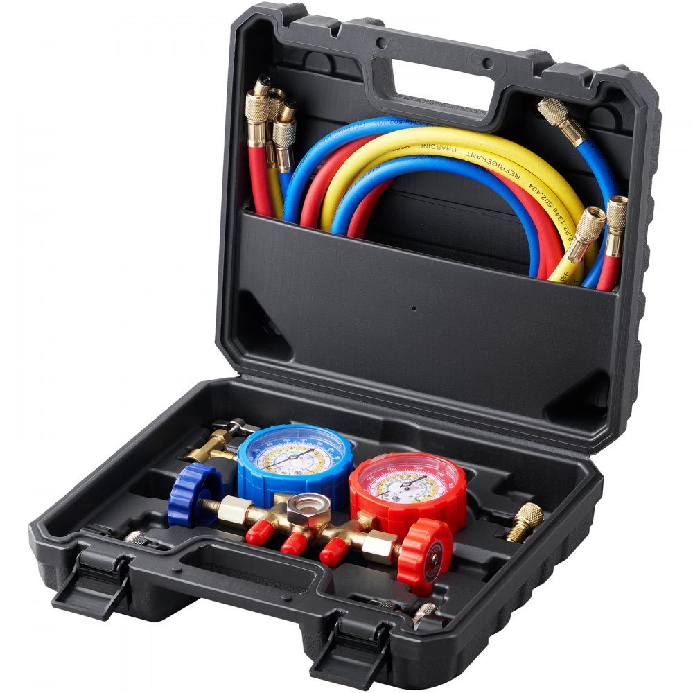 AC Gauge Set - 3 Way AC Manifold Gauge Set for R134A R22 R12 R502 Refrigerant, Freon Gauges with 5ft Hoses, Couplers, Can Tap Works on Car Auto Freon Charging and Evacuation