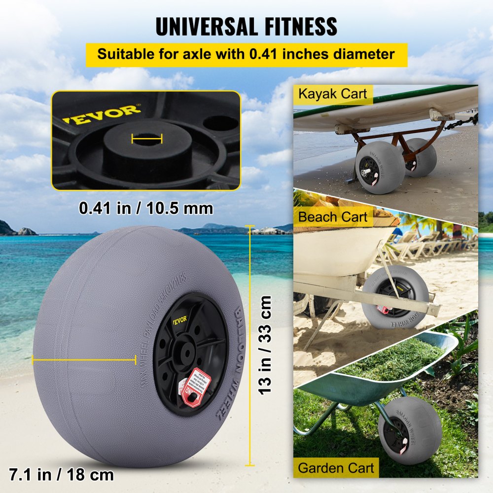 Beach Balloon Wheels, 13" Replacement Sand Tires with 32" Stainless Steel Axle, TPU Cart Tires for Kayak Dolly, Canoe Cart and Buggy w/Free Air Pump, 2-Pack