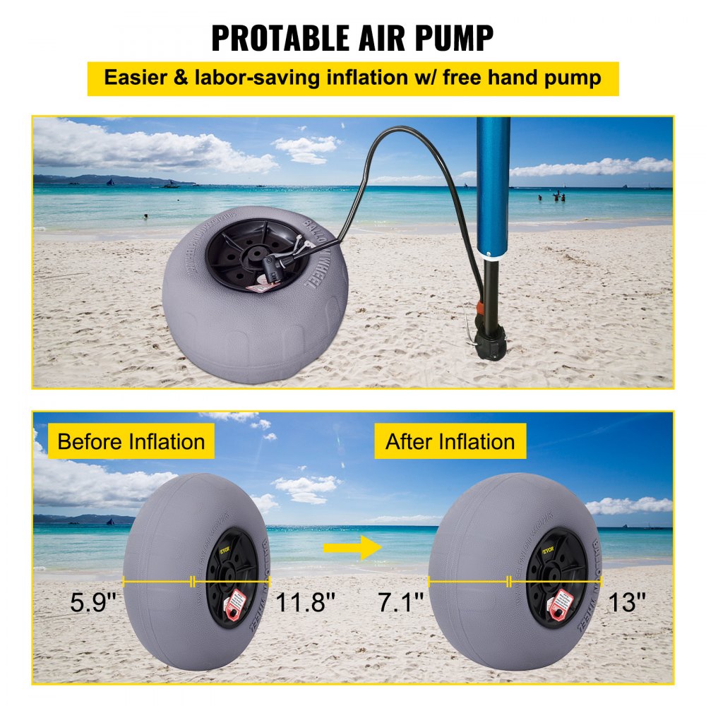Beach Balloon Wheels, 13" Replacement Sand Tires with 32" Stainless Steel Axle, TPU Cart Tires for Kayak Dolly, Canoe Cart and Buggy w/Free Air Pump, 2-Pack