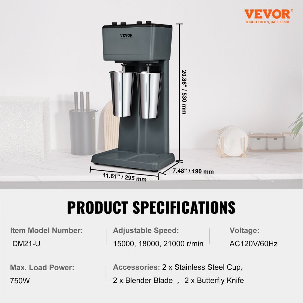 Milkshake Maker, 375W x 2 Electric Milkshake Machine, Double Heads Drink Mixer Blender Machine, 3-Speed Milkshake Mixer with 2 x 820 ml Stainless Steel Cups, for Commercial and Home