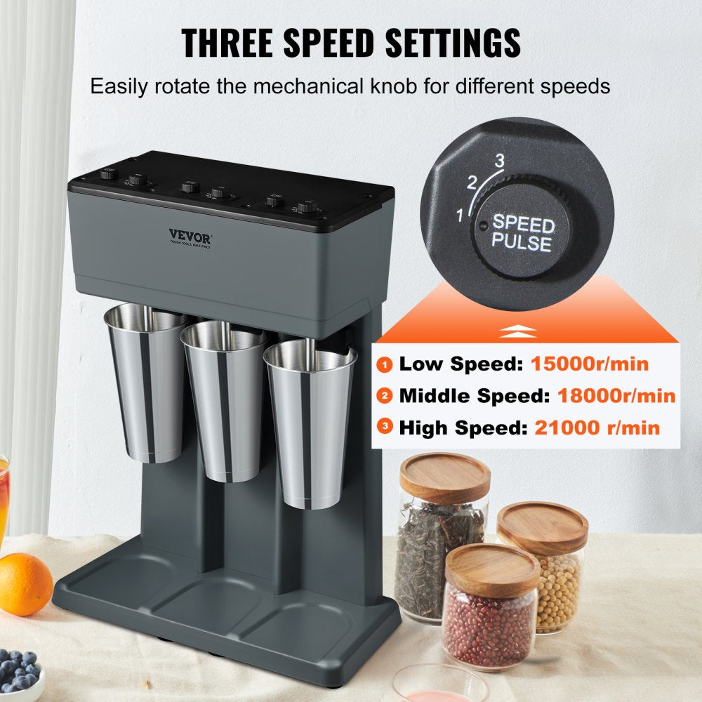 Milkshake Maker, 375W x 3 Electric Milkshake Machine, Triple Heads Drink Mixer Blender Machine, 3-Speed Milkshake Mixer with 3 x 820 ml Stainless Steel Cups, for Commercial and Home