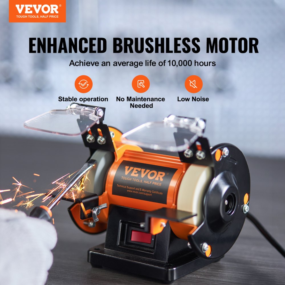Compact bench polisher with orange buffing wheels, brushless motor, splash guard, and tool rests on a black base.