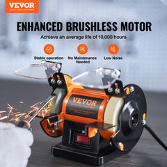 Compact bench polisher with orange buffing wheels, brushless motor, splash guard, and tool rests on a black base.