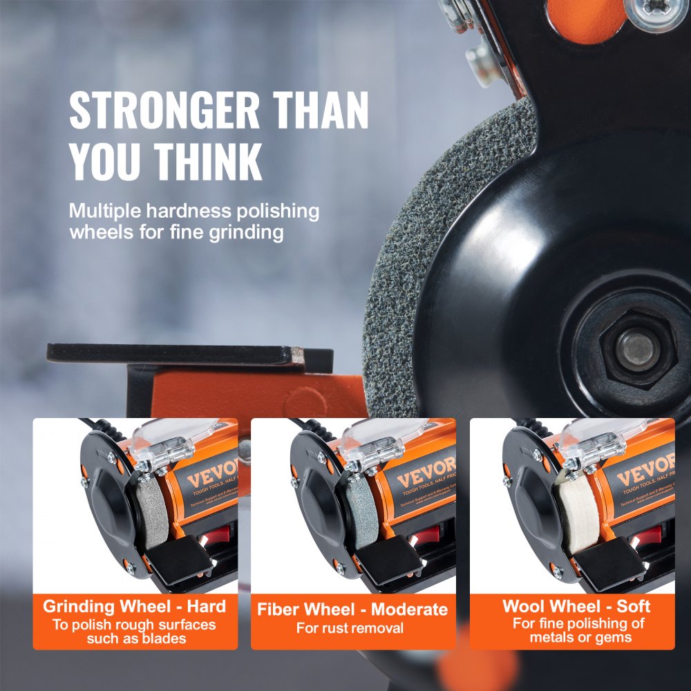 Bostome bench polisher with brushless motor, three polishing wheels, and splash guard.