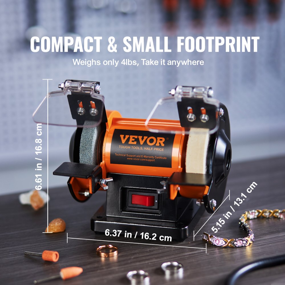 Compact VEVOR bench polisher with dual wheels, dimensions, and accessories on a gray surface.