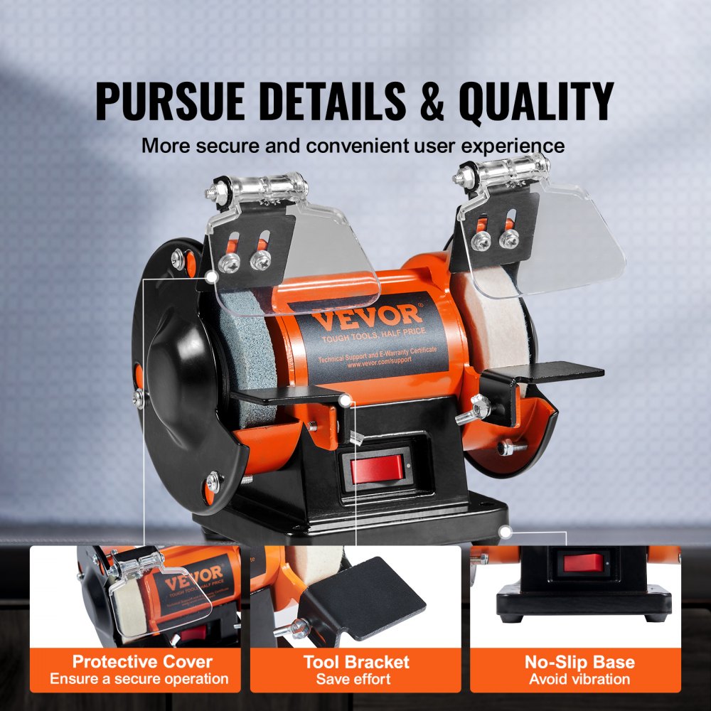 Orange Bostome bench polisher with dual grinding wheels, protective covers, tool rests, and non-slip base.