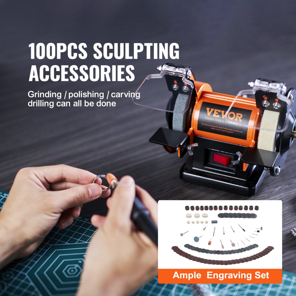 Bostome bench polisher with 3590 RPM brushless motor and 100 tools on a table.