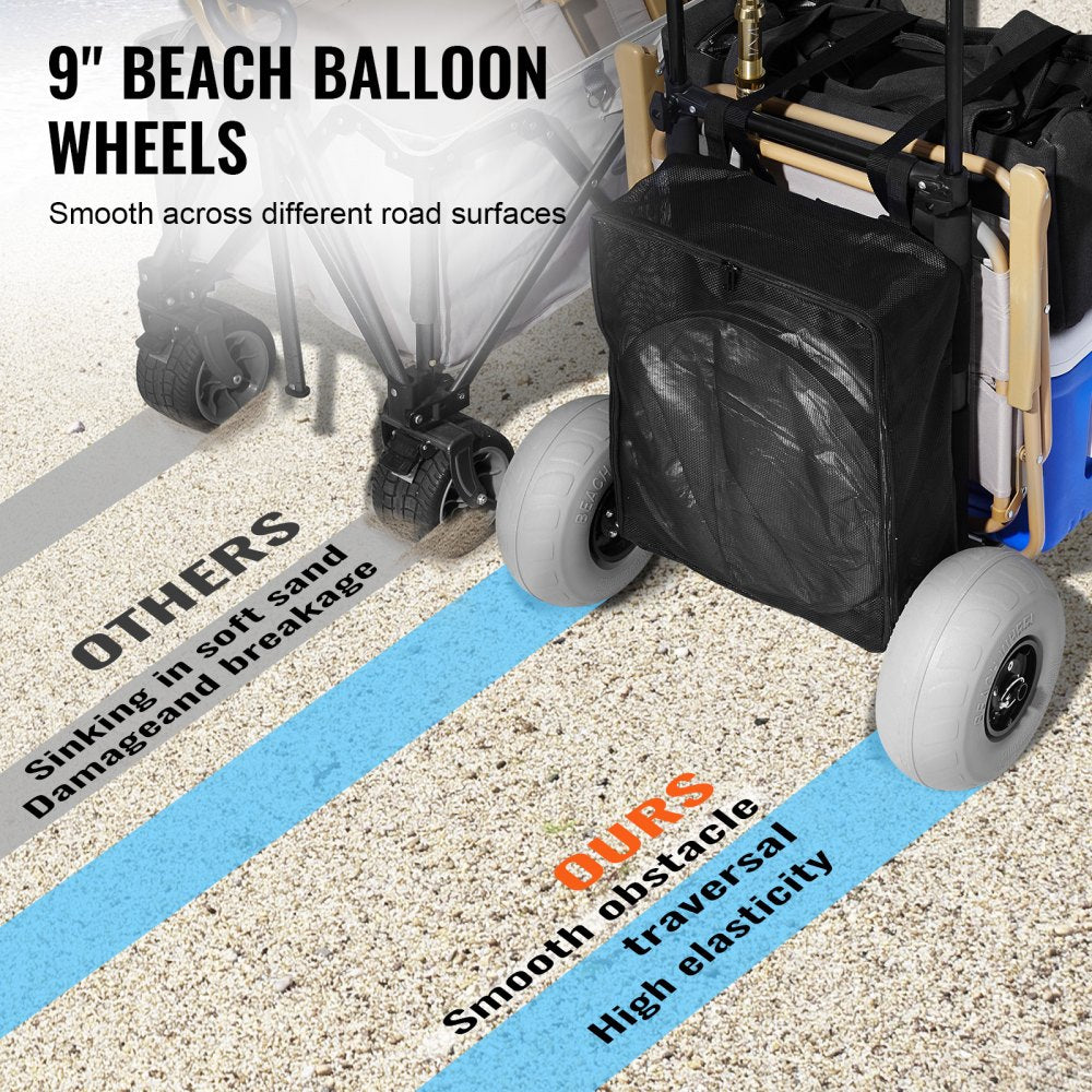 Beach Dolly with Big Wheels for Sand, 20.1" x 14.6" Cargo Deck, w/ 9" Balloon Wheels, 165LBS Loading Capacity Folding Sand Cart & 27.2" to 44.9" Adjustable Height, Heavy Duty Cart for Beach