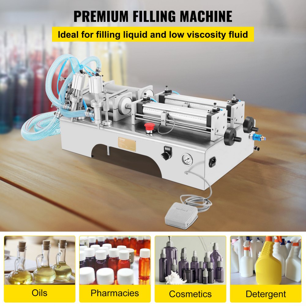 Horizontal Liquid Filling Machine 100-1000ml, Pneumatic Liquid Filling Double Heads, Automatic Bottle Filler for High Viscosity Liquid and Paste