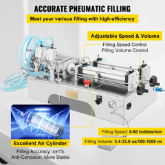 Horizontal Liquid Filling Machine 100-1000ml, Pneumatic Liquid Filling Double Heads, Automatic Bottle Filler for High Viscosity Liquid and Paste