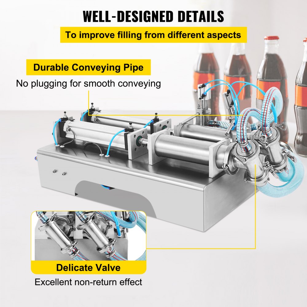 Horizontal Liquid Filling Machine 100-1000ml, Pneumatic Liquid Filling Double Heads, Automatic Bottle Filler for High Viscosity Liquid and Paste