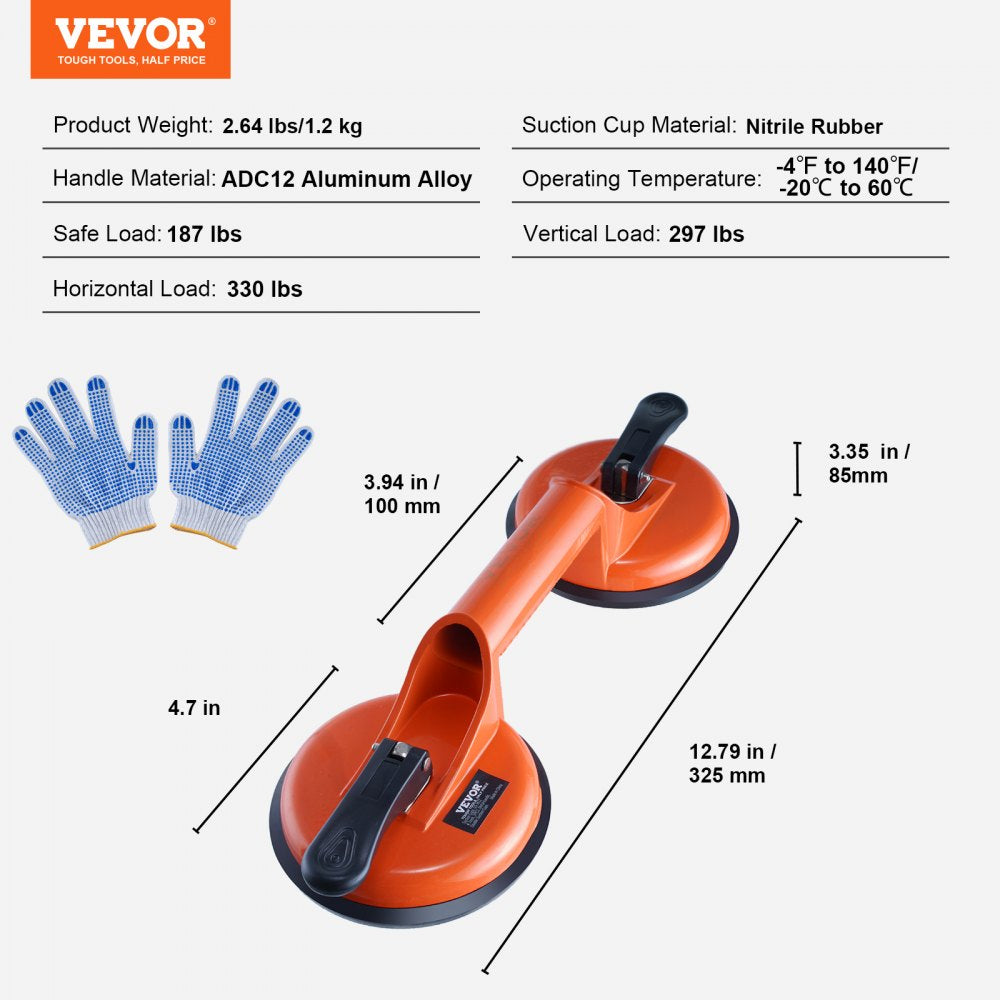 Glass Suction Cup, 4.7" 2 Pack 330 lbs Load Capacity, Vacuum Suction Cup with Aluminum Handle, Heavy Duty Industrial Suction Cup Lifter Tool for Glass, Granite, Tile, Metal, Wood Panel Lifting