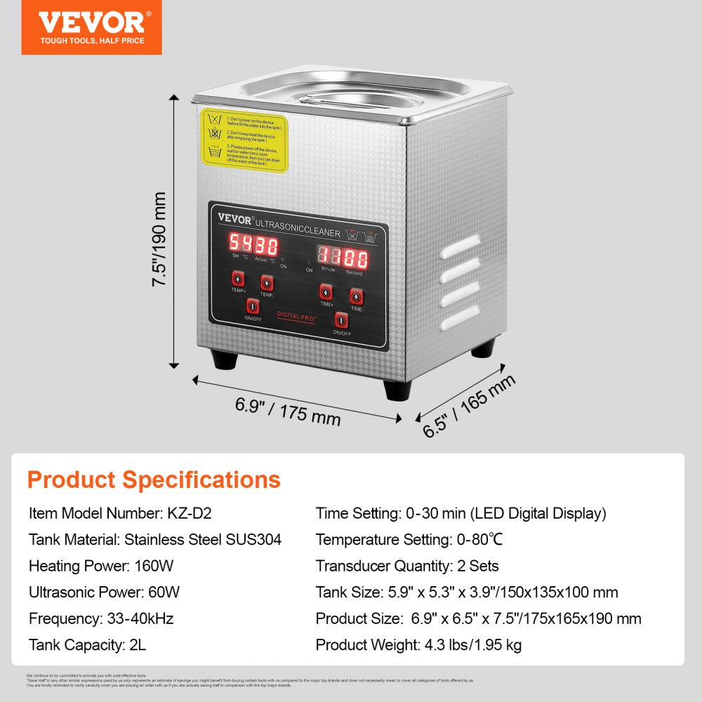 Ultrasonic Cleaner with Digital Timer & Heater, Professional Ultra Sonic Jewelry Cleaner, Stainless Steel Heated Cleaning Machine for Glasses Watch Rings Small Parts Circuit Board (2L)