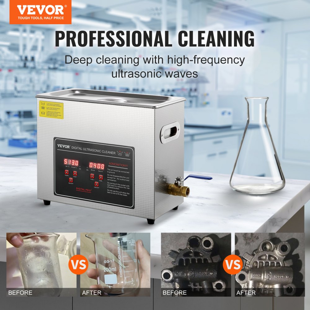 Ultrasonic Cleaner with Digital Timer & Heater, Professional Ultra Sonic Jewelry Cleaner, Stainless Steel Heated Cleaning Machine for Glasses Watch Rings Small Parts Circuit Board (6L)