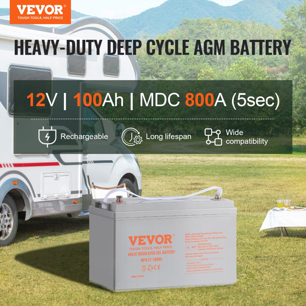 Deep Cycle Battery, 12V 100 AH, AGM Marine Rechargeable Battery, High Self-Discharge Rate 800A Current, for RV Solar Marine Off-Grid Applications UPS Backup Power System, Tested to UL Standards