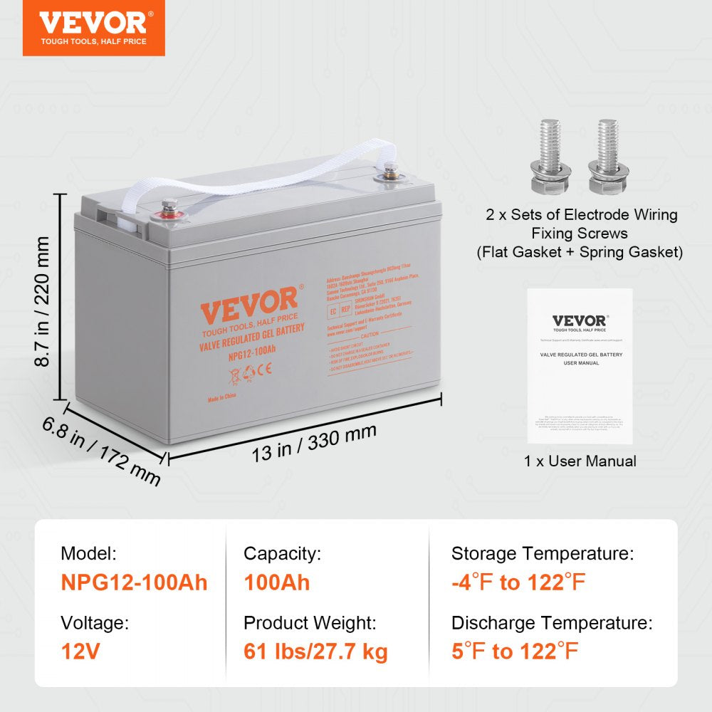 Deep Cycle Battery, 12V 100 AH, AGM Marine Rechargeable Battery, High Self-Discharge Rate 800A Current, for RV Solar Marine Off-Grid Applications UPS Backup Power System, Tested to UL Standards