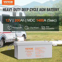 Deep Cycle Battery, 12V 200 AH, AGM Marine Rechargeable Battery, High Self-Discharge Rate 1400A Current, for RV Solar Marine Off-Grid Applications UPS Backup Power System, Tested to UL Standards