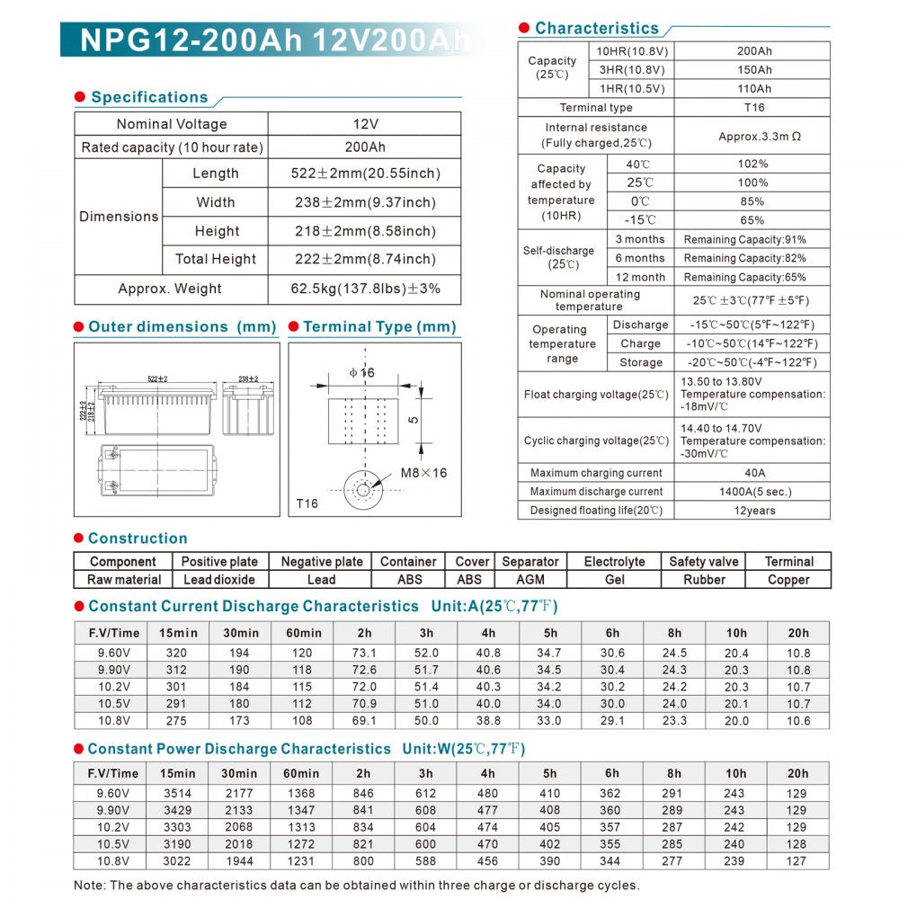 Deep Cycle Battery, 12V 200 AH, AGM Marine Rechargeable Battery, High Self-Discharge Rate 1400A Current, for RV Solar Marine Off-Grid Applications UPS Backup Power System, Tested to UL Standards