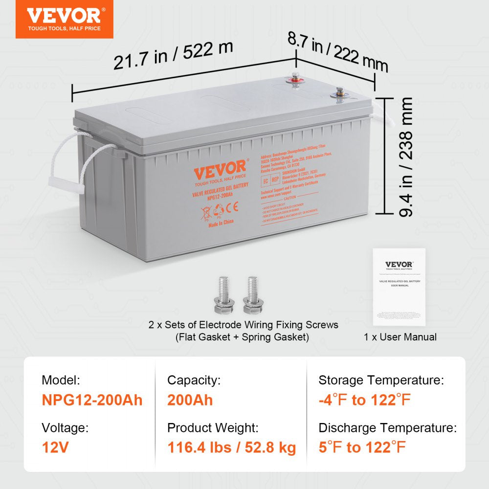 Deep Cycle Battery, 12V 200 AH, AGM Marine Rechargeable Battery, High Self-Discharge Rate 1400A Current, for RV Solar Marine Off-Grid Applications UPS Backup Power System, Tested to UL Standards