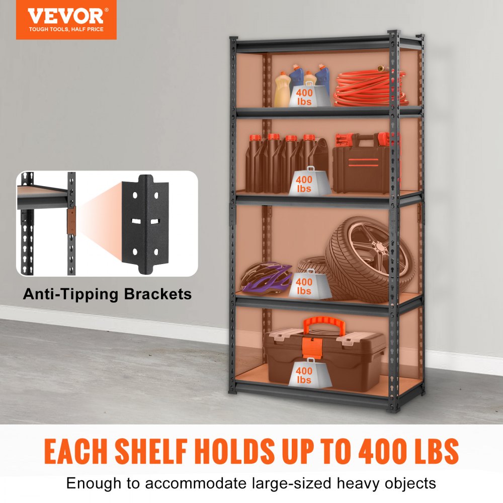 Storage Shelving Unit, 5-Tier Adjustable, 2000 lbs Capacity, Heavy Duty Garage Shelves Metal Organizer Utility Rack, Black, 30" L x 12" W x 60" H for Kitchen Pantry Basement Bathroom Laundry