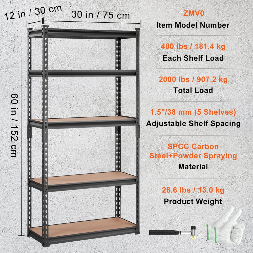 Storage Shelving Unit, 5-Tier Adjustable, 2000 lbs Capacity, Heavy Duty Garage Shelves Metal Organizer Utility Rack, Black, 30" L x 12" W x 60" H for Kitchen Pantry Basement Bathroom Laundry